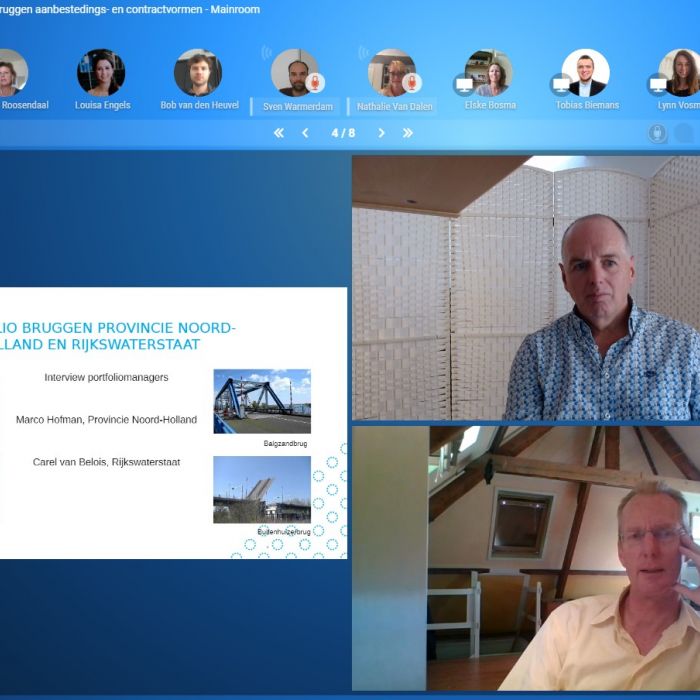 screenshot Virtuele Bouwcampus met slideshow portfolio bruggen in beeld en twee mannen op webcam ernaast